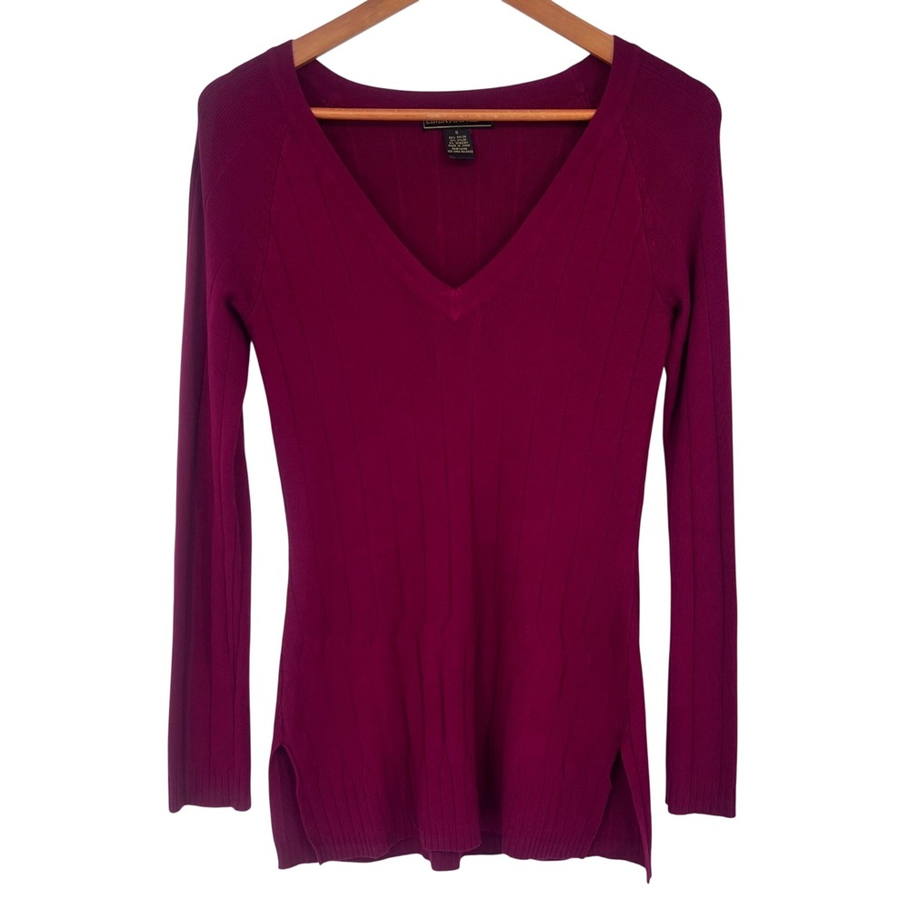 Linda Matthews Ribbed V-Neck Sweater Womens Small Burgundy Dark Academia Classic